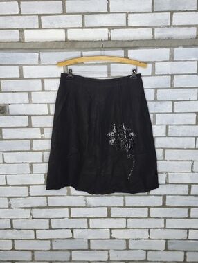 Lilly Stanhope Women's Linen Blend A-Line Pleated Skirt Size 8 Black Floral